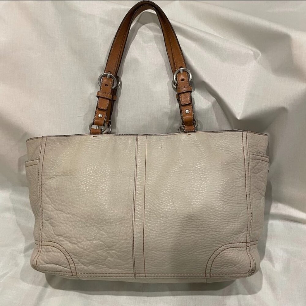 Coach Large Pebbled Leather Tote in Cream with Silvertone Hardware and Side Pock